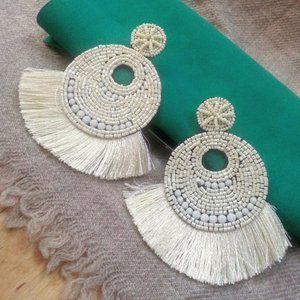 Handcrafted Ivory Seed Bead Fringe Boho Dangle 4" Earrings NEW!